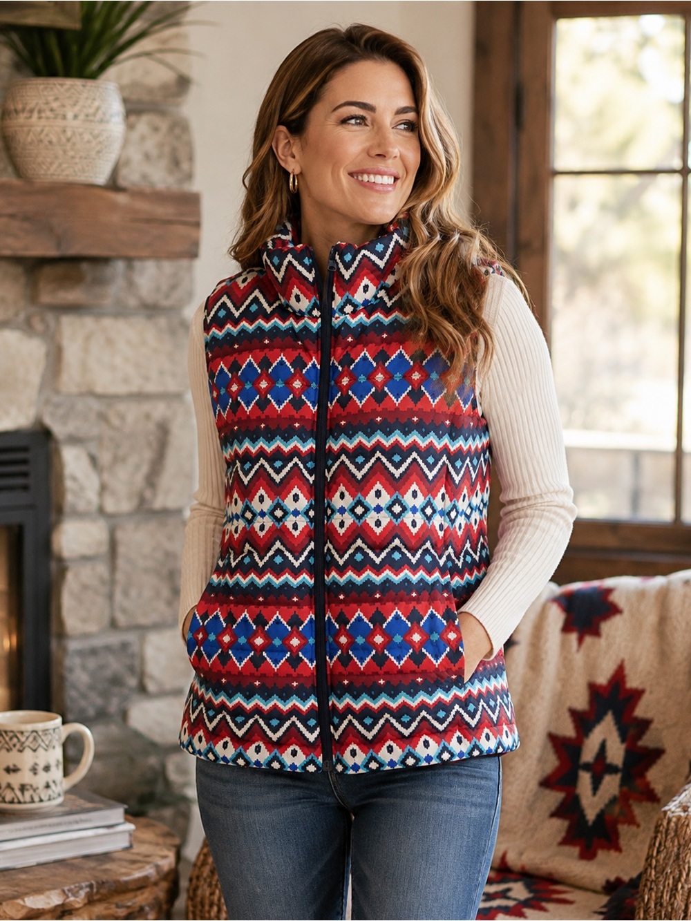 Lands' End Aztec Quilted Puffer Geometric Vest in Red and Blue 600 Down Fill L